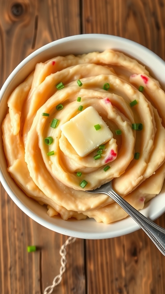 Creamy mashed red potatoes garnished with chives in a rustic bowl on a wooden table.
